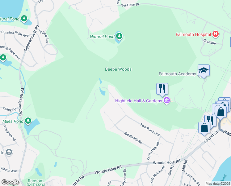 map of restaurants, bars, coffee shops, grocery stores, and more near 105 Two Ponds Road in Falmouth