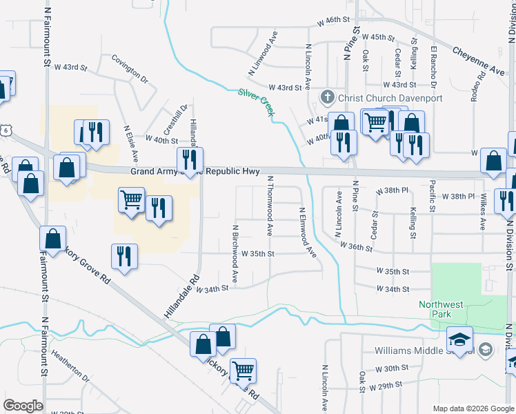 map of restaurants, bars, coffee shops, grocery stores, and more near 3812 North Thornwood Avenue in Davenport