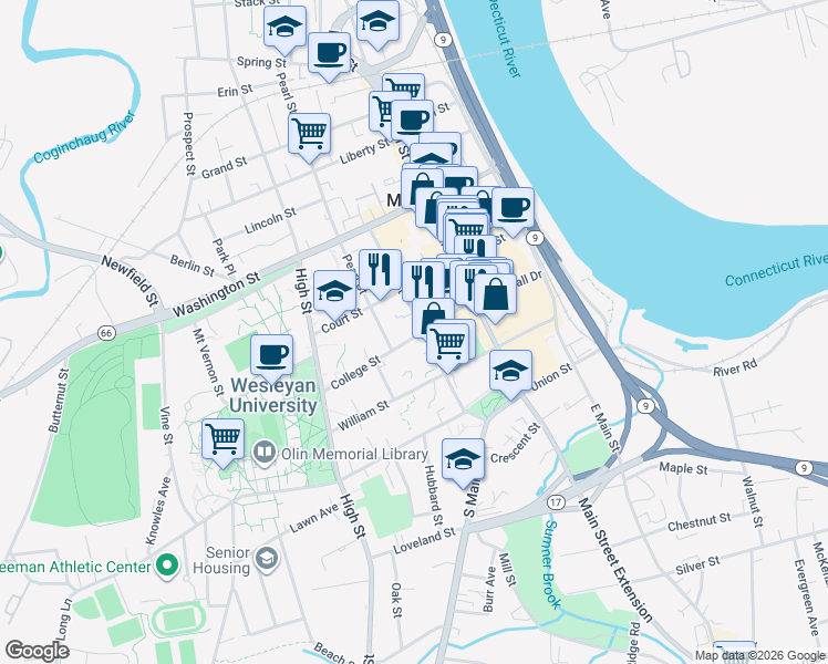 map of restaurants, bars, coffee shops, grocery stores, and more near 138 College Street in Middletown