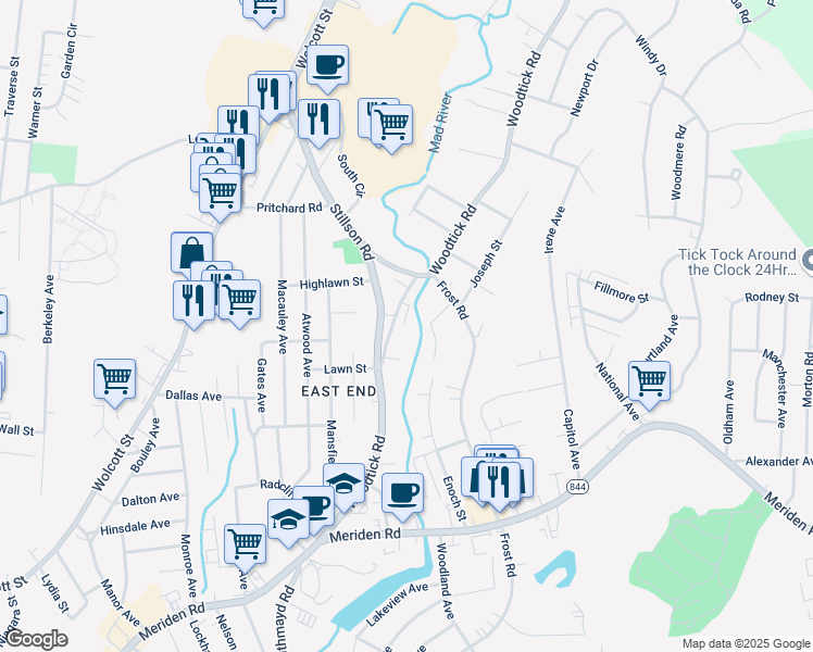 map of restaurants, bars, coffee shops, grocery stores, and more near 404 Woodtick Road in Waterbury