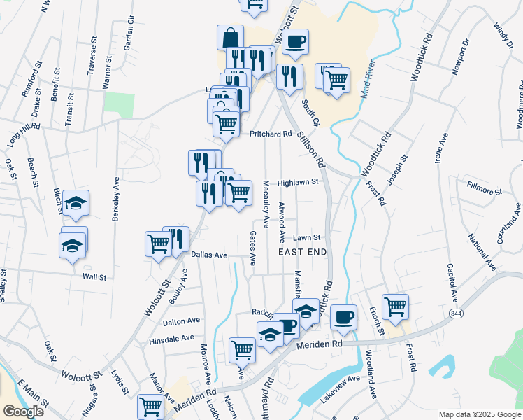 map of restaurants, bars, coffee shops, grocery stores, and more near 173 Macauley Avenue in Waterbury