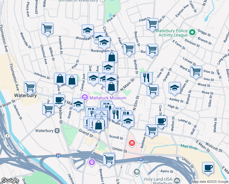 map of restaurants, bars, coffee shops, grocery stores, and more near 60 Linden Street in Waterbury