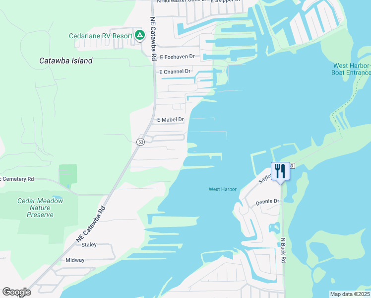 map of restaurants, bars, coffee shops, grocery stores, and more near 2361 Northeast Catawba Road in Port Clinton