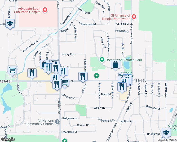 map of restaurants, bars, coffee shops, grocery stores, and more near 2925 Olive Road in Homewood