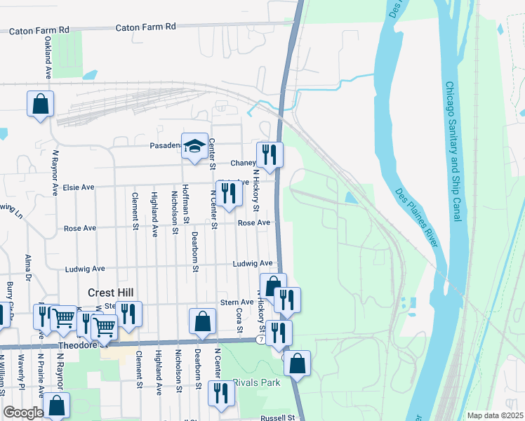 map of restaurants, bars, coffee shops, grocery stores, and more near 1915 Broadway Street in Crest Hill