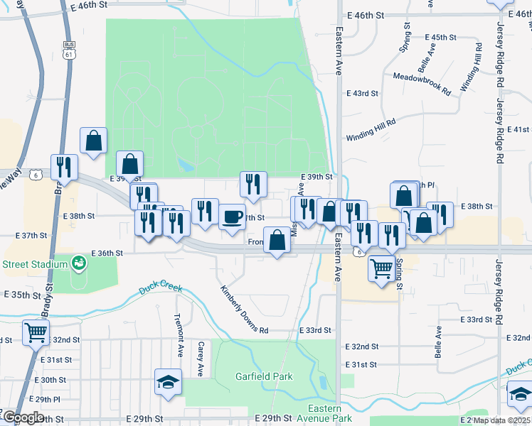 map of restaurants, bars, coffee shops, grocery stores, and more near 1226 College Avenue in Davenport