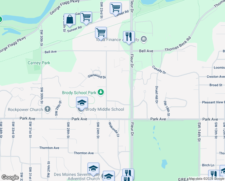 map of restaurants, bars, coffee shops, grocery stores, and more near 2808 Fleur Drive in Des Moines