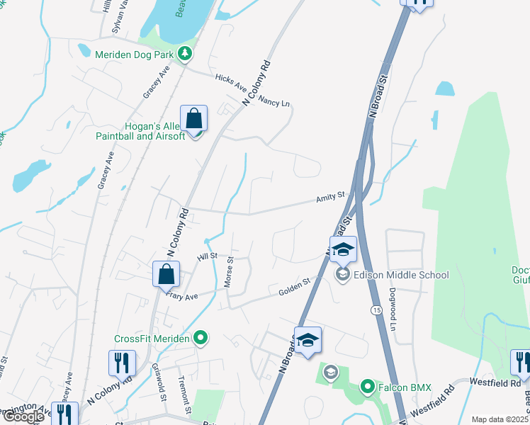 map of restaurants, bars, coffee shops, grocery stores, and more near 140 Amity Street in Meriden