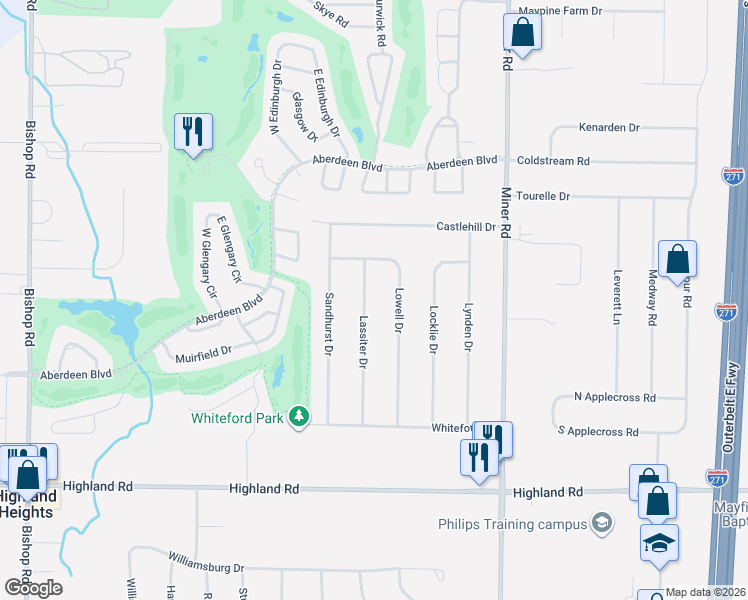 map of restaurants, bars, coffee shops, grocery stores, and more near 421 Lassiter Drive in Highland Heights
