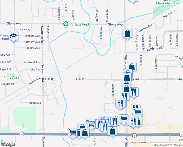 map of restaurants, bars, coffee shops, grocery stores, and more near 5716-5854 Lute Road in Portage