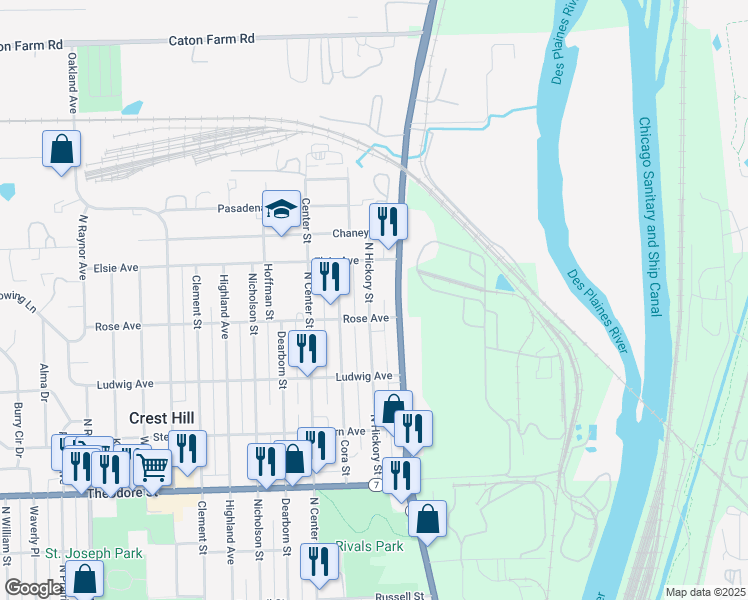 map of restaurants, bars, coffee shops, grocery stores, and more near 1906 North Hickory Street in Crest Hill