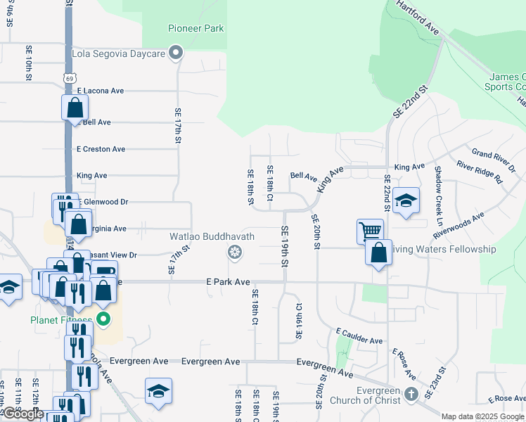 map of restaurants, bars, coffee shops, grocery stores, and more near King Avenue in Des Moines