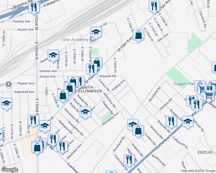 map of restaurants, bars, coffee shops, grocery stores, and more near 803 London Road in Cleveland