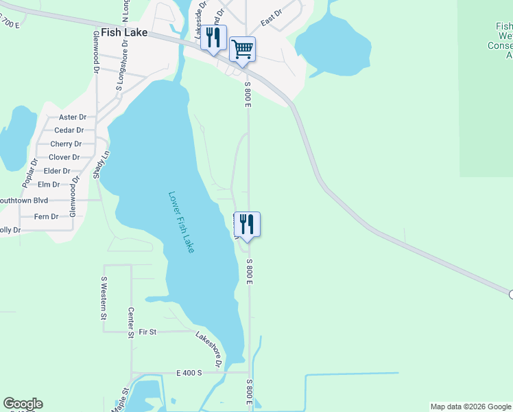 map of restaurants, bars, coffee shops, grocery stores, and more near 3445 South 800 East in Walkerton