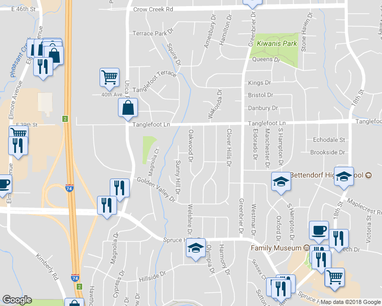 map of restaurants, bars, coffee shops, grocery stores, and more near Oakwood Drive in Bettendorf