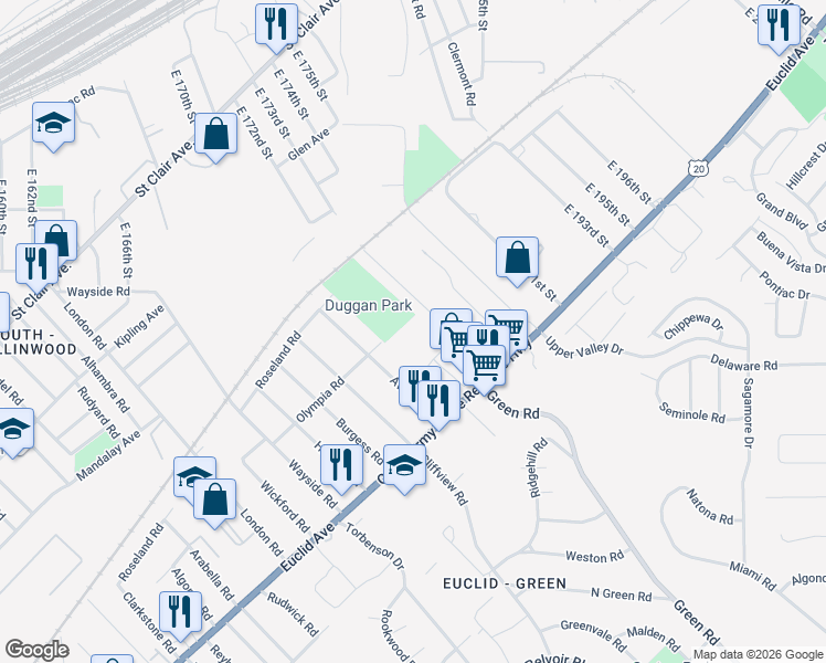 map of restaurants, bars, coffee shops, grocery stores, and more near 18221 Euclid Avenue in Cleveland