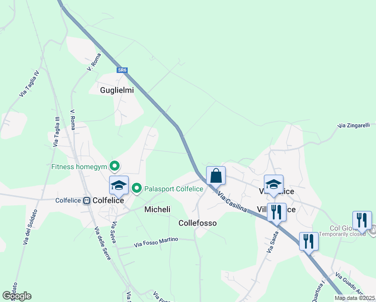 map of restaurants, bars, coffee shops, grocery stores, and more near Via Casilina in Provincia di Frosinone