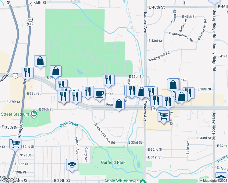 map of restaurants, bars, coffee shops, grocery stores, and more near 1226 College Avenue in Davenport