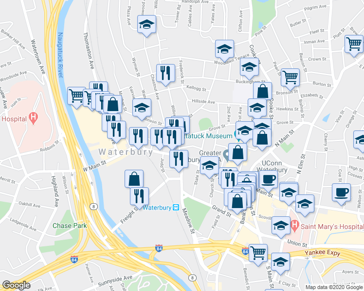 map of restaurants, bars, coffee shops, grocery stores, and more near 43 Willow Street in Waterbury