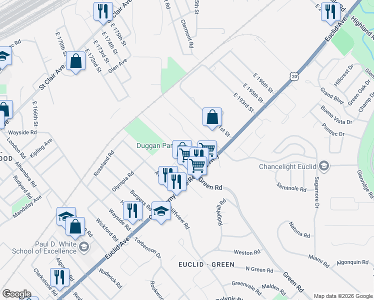 map of restaurants, bars, coffee shops, grocery stores, and more near 18423 Catalpa Road in Cleveland