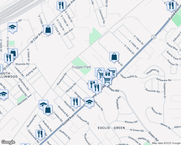 map of restaurants, bars, coffee shops, grocery stores, and more near 1678 Catalpa Road in Cleveland