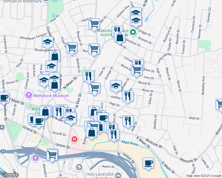 map of restaurants, bars, coffee shops, grocery stores, and more near 69 Dikeman Street in Waterbury