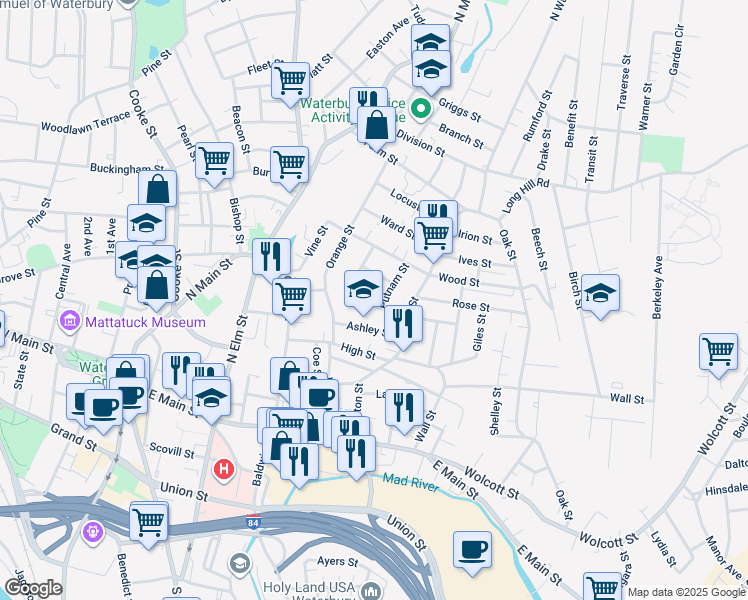 map of restaurants, bars, coffee shops, grocery stores, and more near 92 Dikeman Street in Waterbury