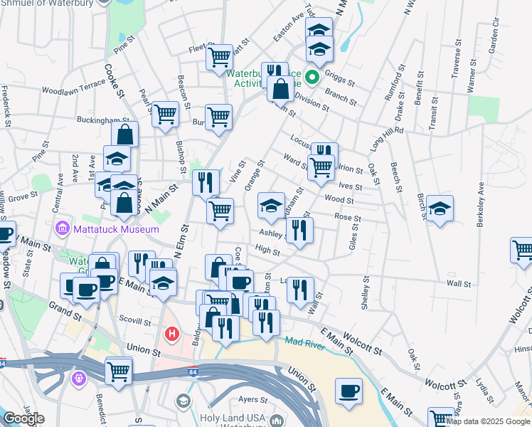 map of restaurants, bars, coffee shops, grocery stores, and more near 92 Dikeman Street in Waterbury