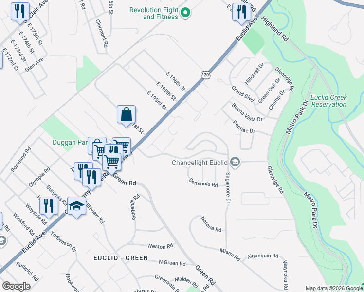 map of restaurants, bars, coffee shops, grocery stores, and more near 19229 Shawnee Drive in Euclid