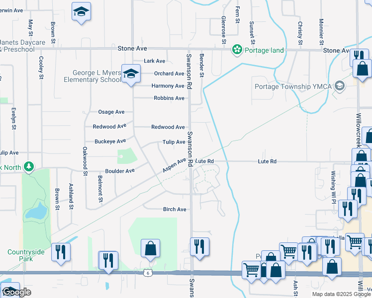 map of restaurants, bars, coffee shops, grocery stores, and more near 5619 Tulip Avenue in Portage
