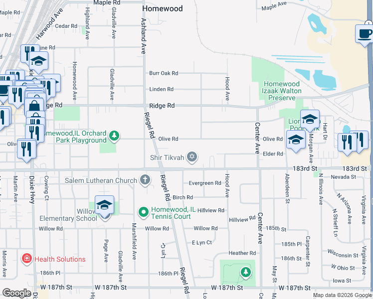 map of restaurants, bars, coffee shops, grocery stores, and more near 1447 Olive Road in Homewood