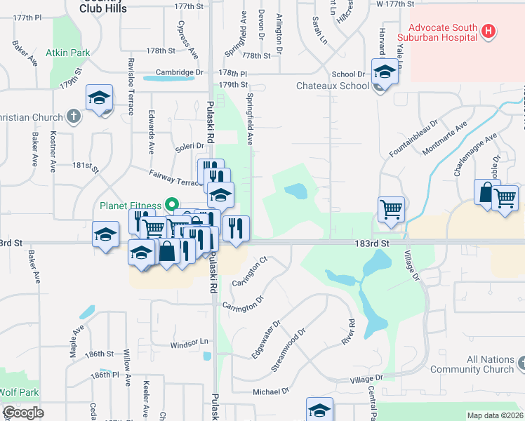 map of restaurants, bars, coffee shops, grocery stores, and more near 18155 Springfield Avenue in Homewood