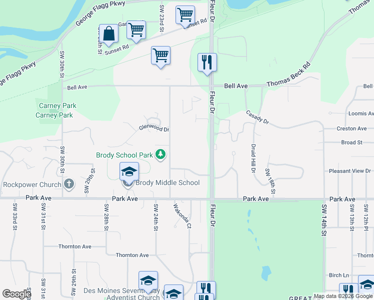 map of restaurants, bars, coffee shops, grocery stores, and more near 2800 Fleur Drive in Des Moines