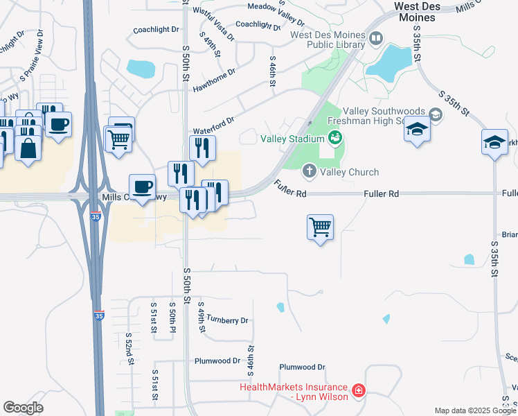 map of restaurants, bars, coffee shops, grocery stores, and more near 4706 Mills Civic Parkway in West Des Moines