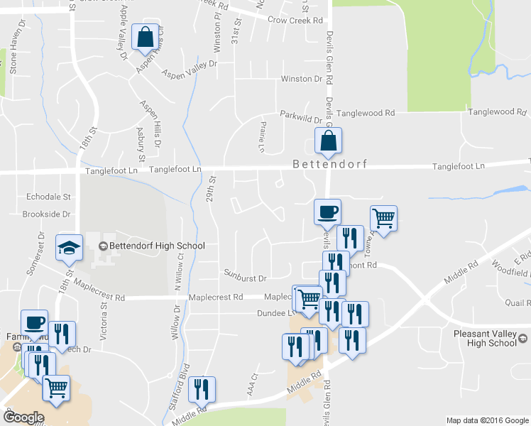 map of restaurants, bars, coffee shops, grocery stores, and more near 3582 Cedarview Ct in Bettendorf