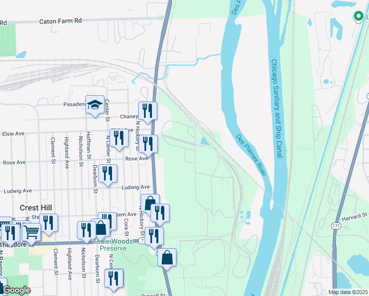 map of restaurants, bars, coffee shops, grocery stores, and more near 1 Genstar Lane in Crest Hill