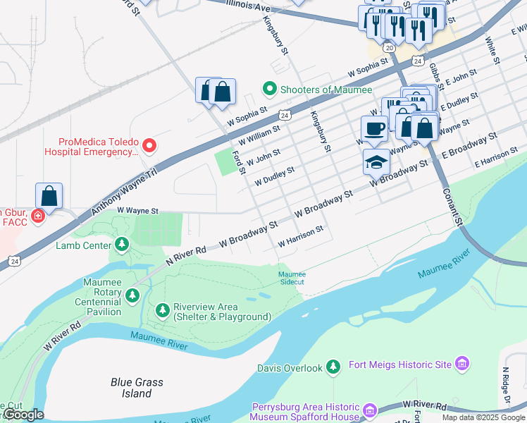 map of restaurants, bars, coffee shops, grocery stores, and more near 703 West Wayne Street in Maumee