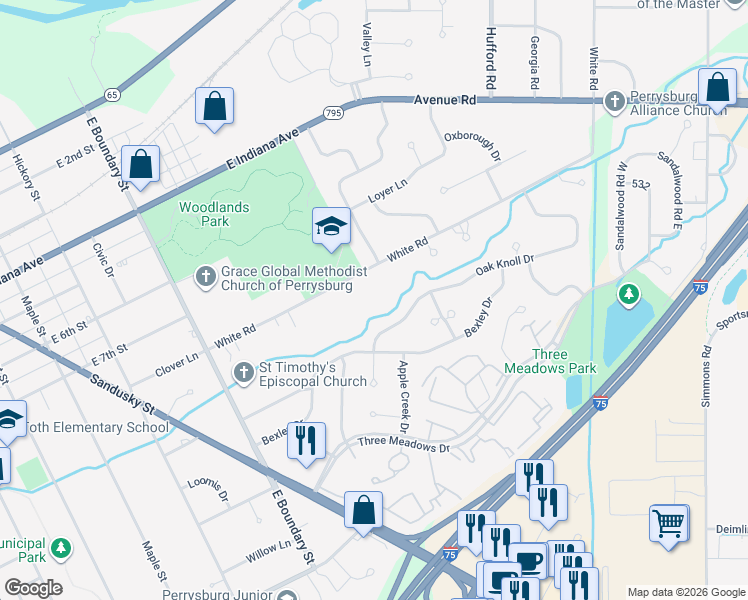 map of restaurants, bars, coffee shops, grocery stores, and more near 28032 White Road in Perrysburg