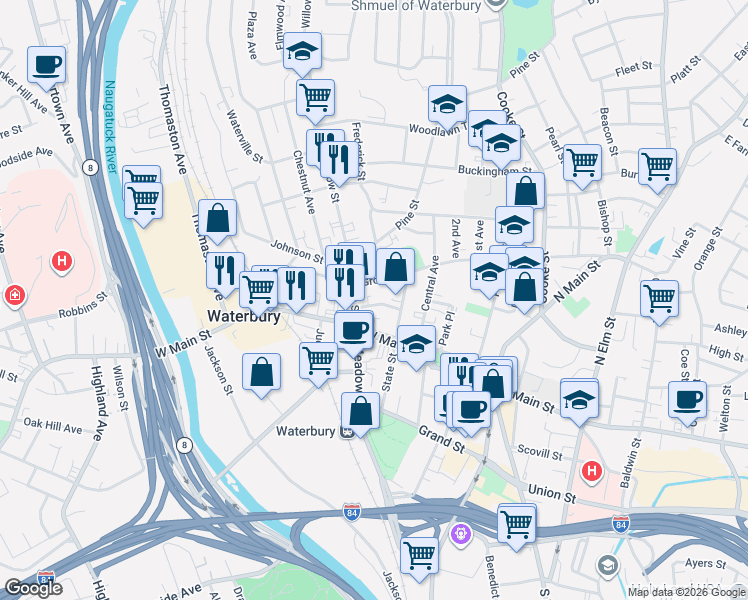 map of restaurants, bars, coffee shops, grocery stores, and more near 263 Grove Street in Waterbury