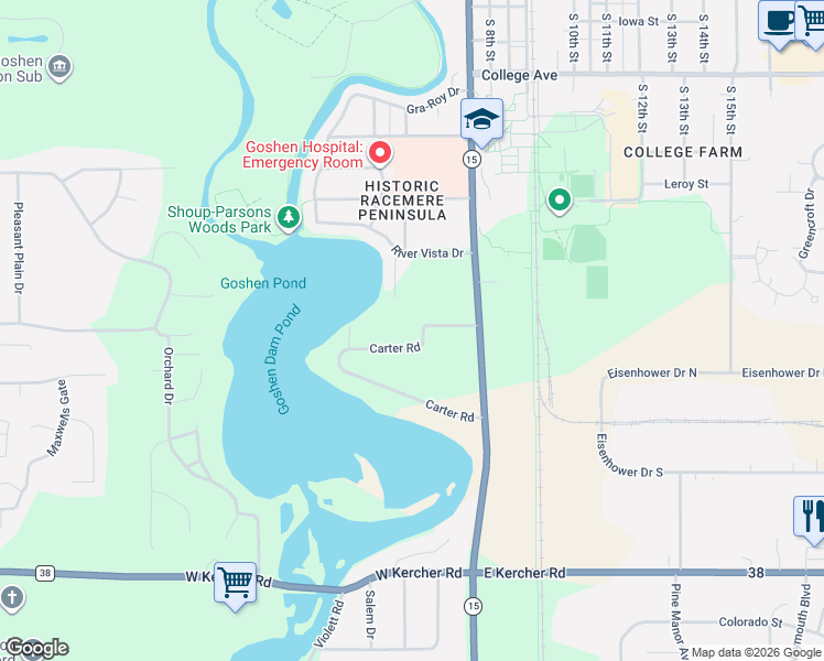 map of restaurants, bars, coffee shops, grocery stores, and more near 211 Carter Road in Goshen