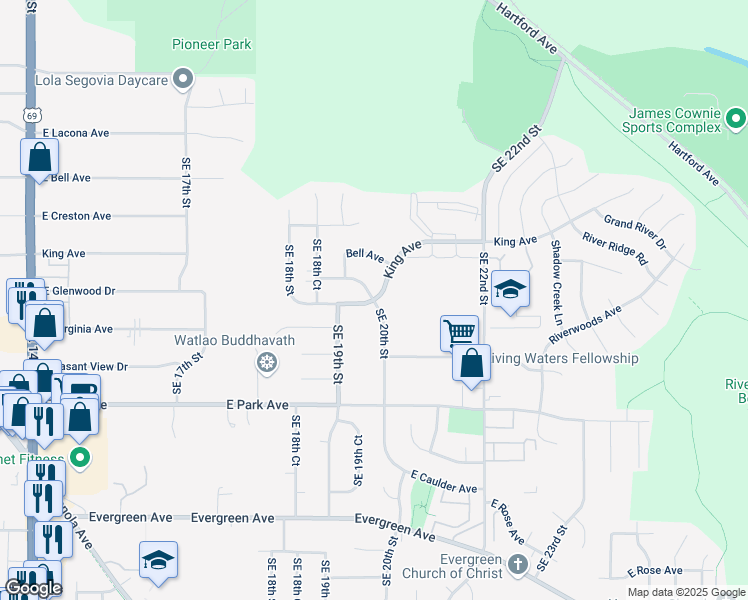 map of restaurants, bars, coffee shops, grocery stores, and more near King Avenue in Des Moines