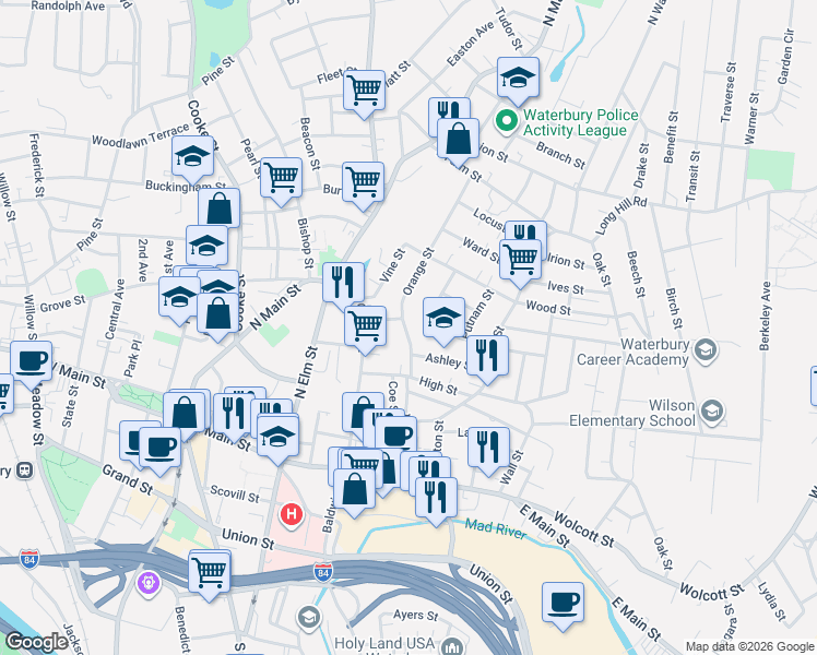map of restaurants, bars, coffee shops, grocery stores, and more near 156 Orange Street in Waterbury