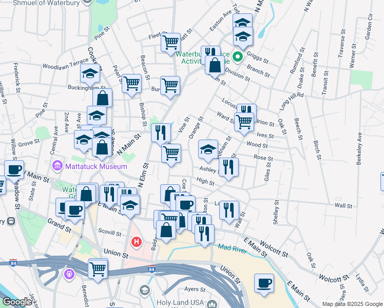 map of restaurants, bars, coffee shops, grocery stores, and more near 174 Orange Street in Waterbury