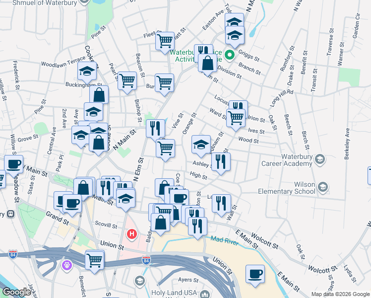 map of restaurants, bars, coffee shops, grocery stores, and more near 174 Orange Street in Waterbury
