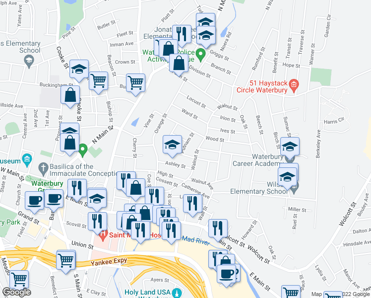 map of restaurants, bars, coffee shops, grocery stores, and more near 12 Putnam Street in Waterbury