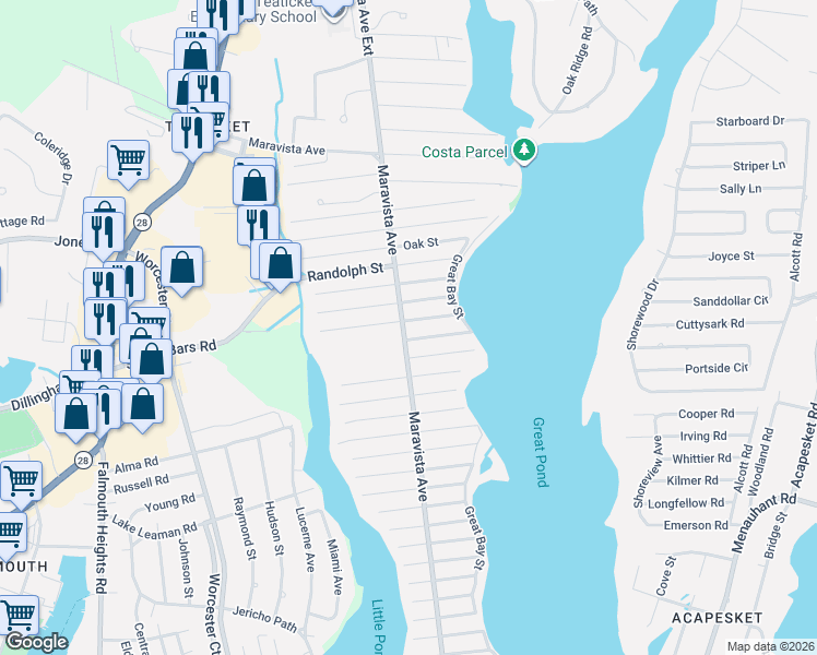 map of restaurants, bars, coffee shops, grocery stores, and more near 190 Maravista Avenue in Falmouth