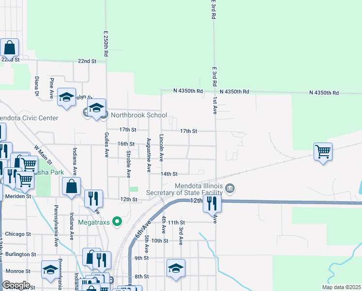 map of restaurants, bars, coffee shops, grocery stores, and more near 206 16th Street in Mendota
