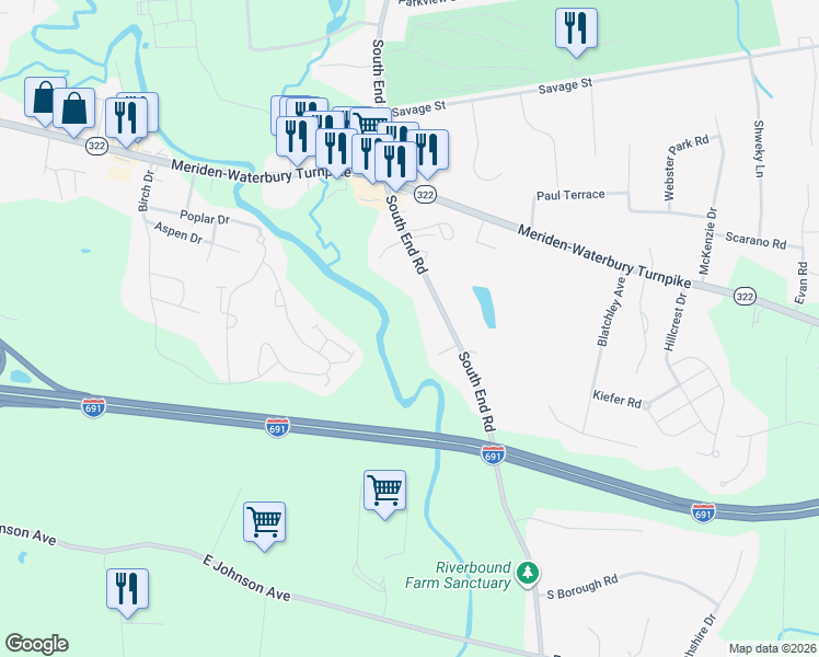 map of restaurants, bars, coffee shops, grocery stores, and more near 884 South End Road in Southington
