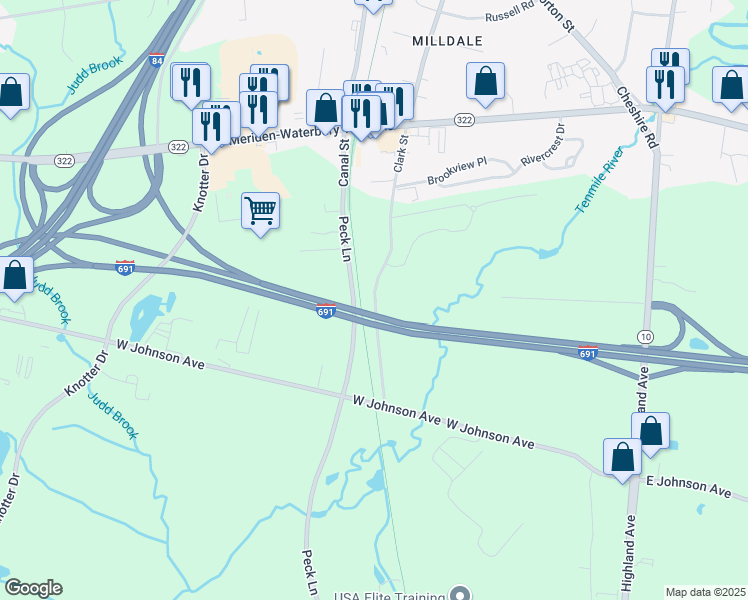 map of restaurants, bars, coffee shops, grocery stores, and more near Dickerman Road in Cheshire
