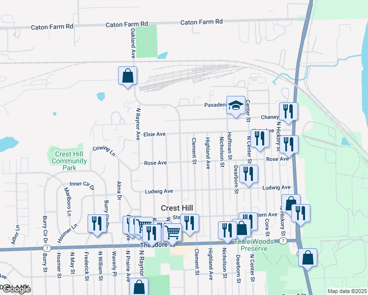 map of restaurants, bars, coffee shops, grocery stores, and more near 1912 Oakland Avenue in Crest Hill
